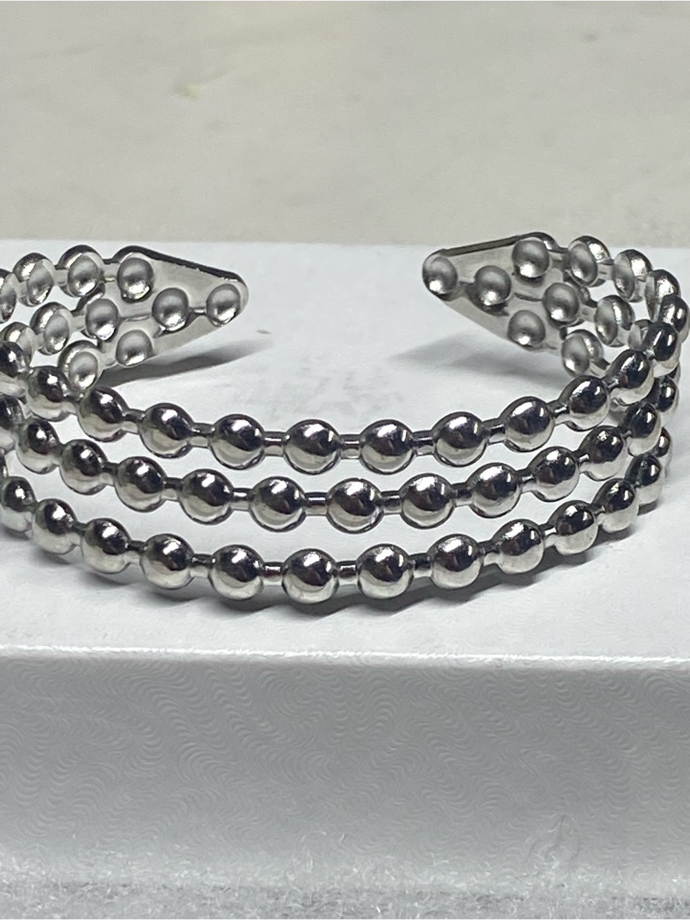 Polished Silver Triple-Row Beaded Cuff Bracelet